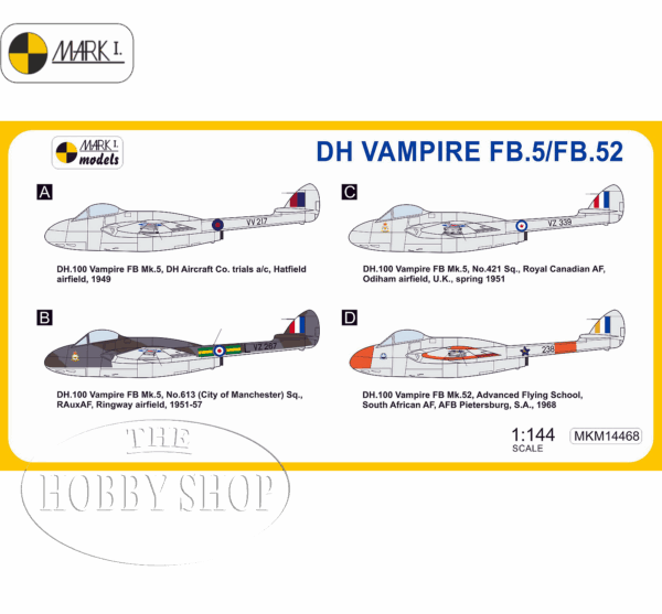 Mark I Models 1/144 DH Vampire FB.5/FB.52 SAAF Decals