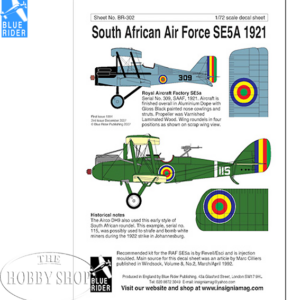Blue Rider 1/72 South African Air Force SE5A 1921 Decal Set