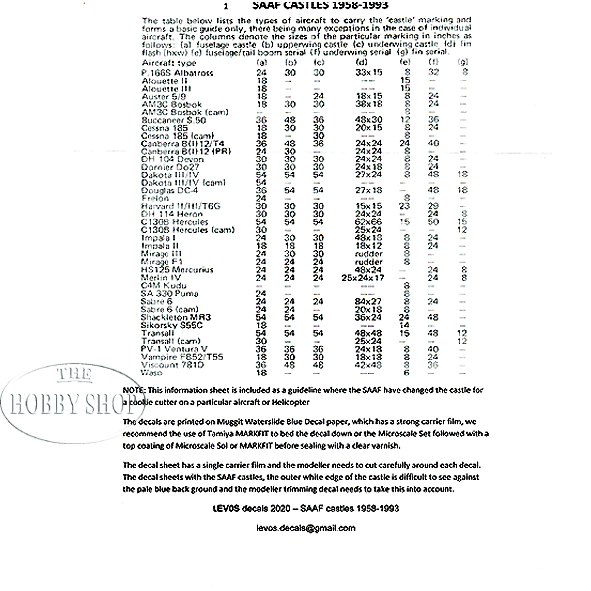 Levos 1/72 Castles 1947-58 SAAF Decal Set (Blue)