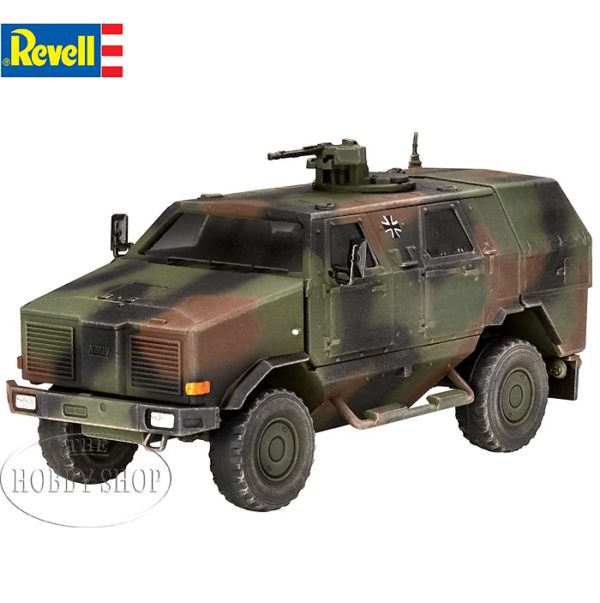 1/72 ATF Dingo 1 1/72 ATF Dingo 1 SKU Rev03345 In Stock Share on Facebook Share on Twitter Share on LinkedIn Pin this Very detailed model kit of the ATF Dingo 1. scale 1/72. 65 parts. 7,6 cm length. Suitable from 12 years. Model kit of the armoured transport vehicle ATF Dingo 1. Dingo 1 offers maximum protection against mines and IEDs with its special V-shaped underbody. - Clear plastic parts for window display - Complete drive train with mine deflector - Gun carriage can be equipped with MG 3, 40 mm grenade machine gun or 12.7 mm MG Authentic representation of the following versions: - 2. Kp/TF1 Zur, KFOR, Prizren 2001 - Task Force Fox "Essential Harvest" Mazedonien 2003 - ISAF Camp Warehouse, Afghanistan 2005 Difficulty Level: 4 Number of parts: 65 What's in the Box: Plastic model kit (non-assembled) Illustraded, multilingual assembly instructions Decal set Product Dimensions: 7.6x4x3.5cm Box Dimensions: 24.3x15.8x3.6cm Recommended Age: 12+