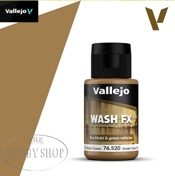 Wash FX is a range of washes created with a unique water based formula. The product provides the model painter with new techniques for rendering the processes of ageing and exposure to the elements. Colors with a matt finish and of high capillarity, formulated to bring forth the minute details of the panels of the model and the contrasts produced by the wear and accumulated grime caused by operative and weather exposure. The versatility of Wash FX makes the product equally useful for a quick shading as for the creation of caked dust and dirt around the details of the model, such as rivets and panel lines. The washes are also used as a filter, applied in a uniform manner on the model to modify the base color. Wash FX can be applied by brush and airbrush and dries very quickly so that after some 20 minutes the painting or weathering process can be continued. Painting tools are cleaned with water. Safety: Always follow the information on the product label. Packaging: Available in 35 ml/1.18 fl oz bottles with a flip top/eyedropper closure. Applications: Wash FX Dark Khaki Green 76.519 is recommended to produce depth effects and natural shadows on vehicles painted with a khaki base color or light camouflage tones.